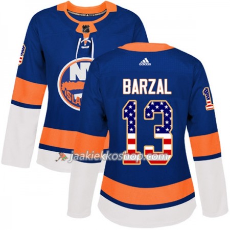 Nainen NHL New York Islanders Pelipaita Mathew Barzal 13 Adidas 2017-2018 Sininen USA Flag Fashion Authentic